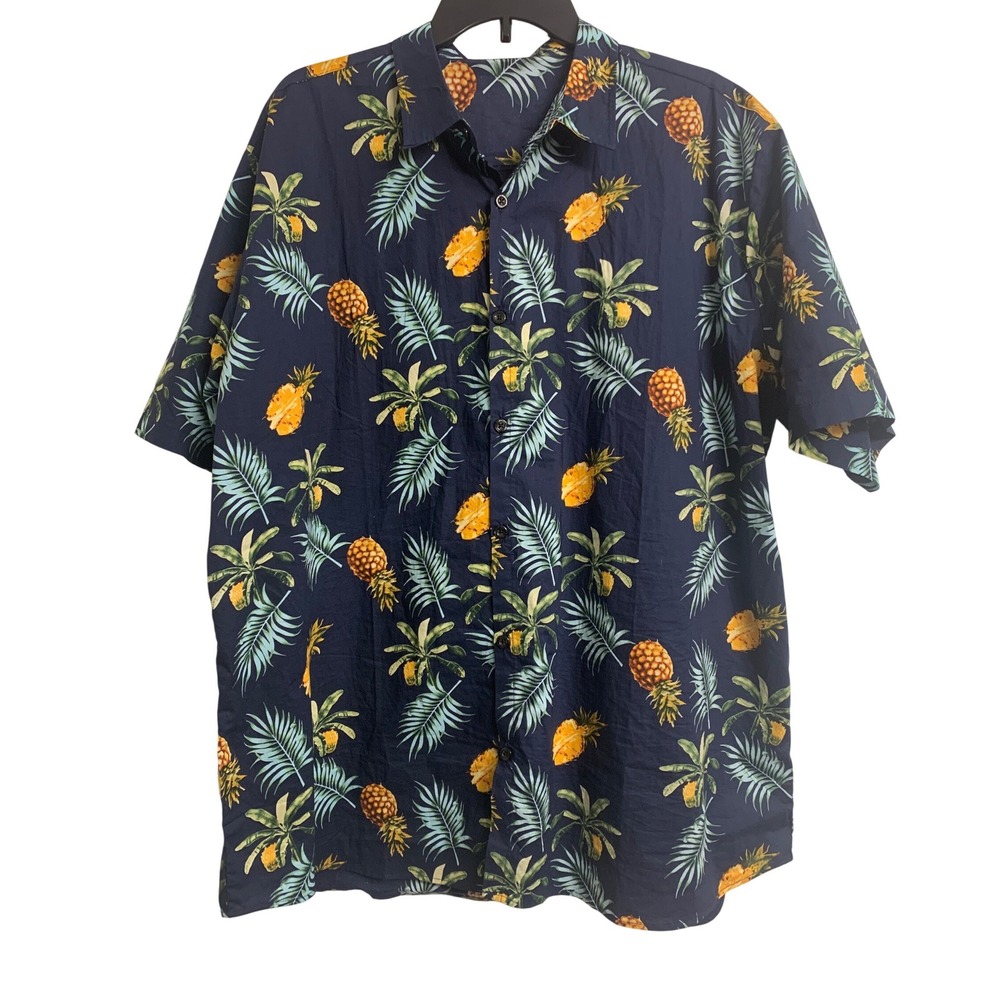 Jogal XXL Navy Blue Pineapple Tropical Palm Print Cotton Button Down Shirt
